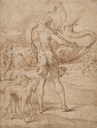 Jäger bläst sein Horn mit einer Hirschjagd in der Ferne von Parmigianino